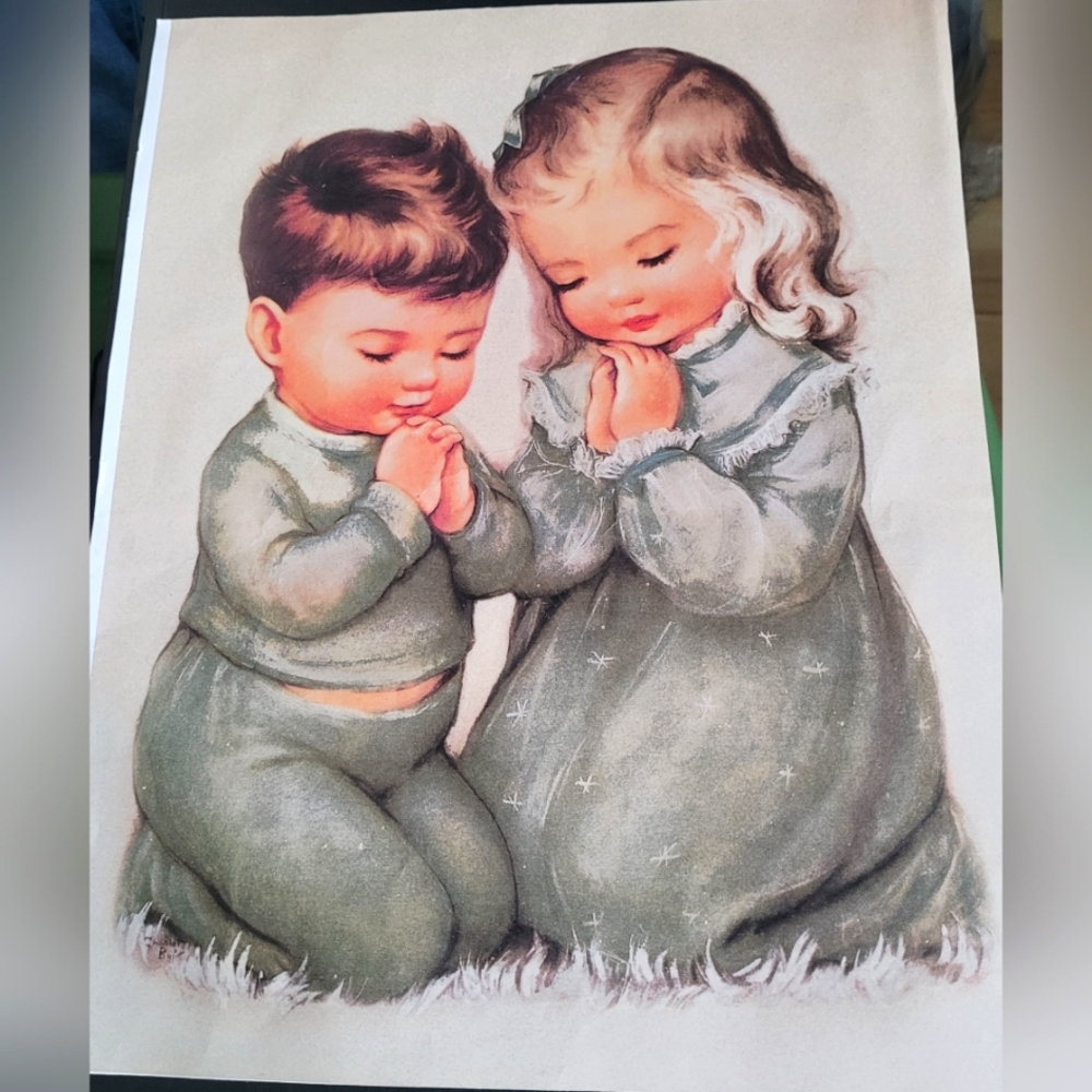 Vintage 1960's Print of Praying Girl and Boy by Artist Charlot Byj 11"x14"